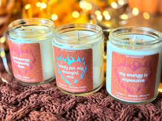 Life of a Showgirl Collection by My Serenity Shop – three Taylor Swift inspired candles (Ready For My Showgirl Era, My Energy is Expensive, Your Energy is a Luxury Item) with new Swiftie air fresheners – online exclusive drop.