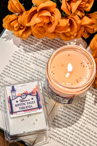 Mystic Falls Candle is inspired by The Vampire Diaries. Made from all natural soy wax, crisp apples, buttery maple & bourbon.